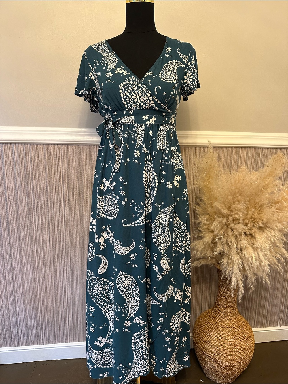 Patrons of Peace Faux Wrap Maxi Dress XS Teal Paisley Boho Tie Waist
